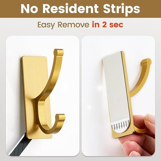 pickpiff Adhesive Wall Hooks with Strip - No Residue, Easy to Remove, Strong Heavy Duty Sticky Towel Hook, 4 Pack Brushed Gold