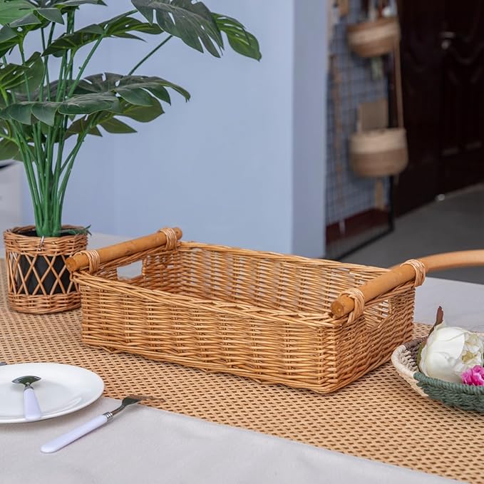YAHUAN Woven Wicker Storage Basket Wicker Tray Shallow Basket Organizing 16.54L x 11.02W x4.72H in (Wicker)