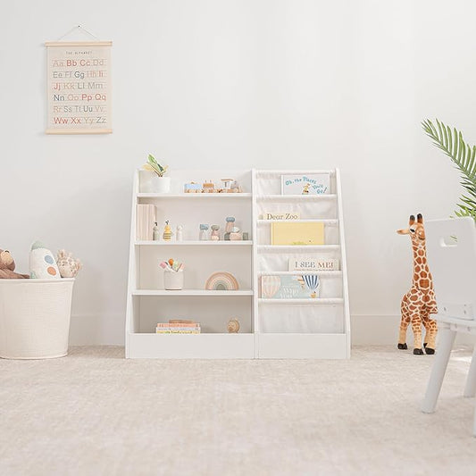 Comfy Cubs Kids Bookshelf 35.2 x 15.7 x 31.5 Inches - Sturdy MDF Montessori Book Shelf with Soft & Hard Shelves for Toys & Books - Child-Friendly, Easy Access Storage Organizer for Kids - White