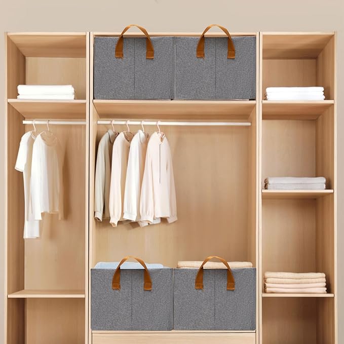 SNWDN 6 Pack Closet Cloth Storage Bins for Shelves,Large Storage Baskets for Shelves, Fabric Bins for Closet organization with Handles(Grey 17''L x 12.6''W x 7.5''H)