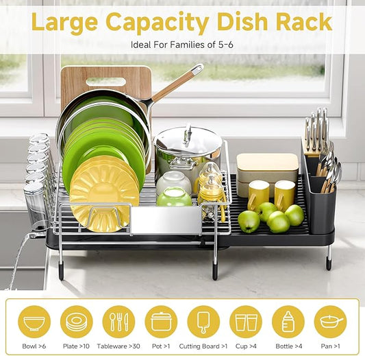 Urackify Large Dish Drying Rack - 304 Stainless Steel Dish Rack for Kitchen Counter, Extendable Dish Drainers with Cutlery & Cup Holders, Black