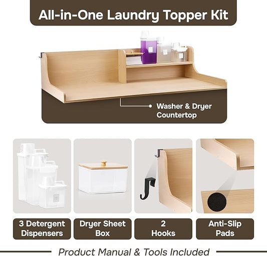 SOBHI | Solid Wood Washer & Dryer Countertop with Laundry Add-Ons | 54″ x 27″ Laundry Room Organization & Storage Topper | 3 Detergent Dispensers & Dryer Sheet Box | Oak Finish