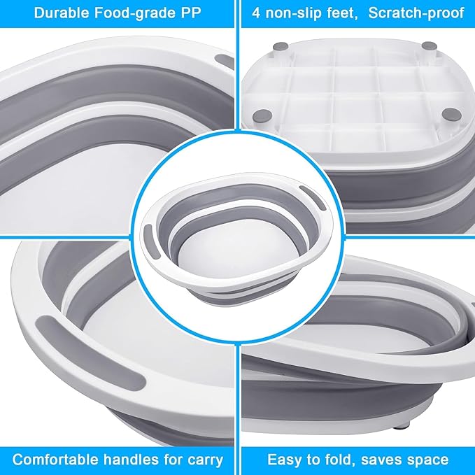 BBQ Prep Tub with Lid, Collapsible Wash Basin 7.5L Dish Tub Sink Basin, 2-in-1 Cutting Board Foldable Dish Pans for Kitchen Sink Camping Picnic Fruits Washing Smoker RV Accessories Kitchen Gadgets