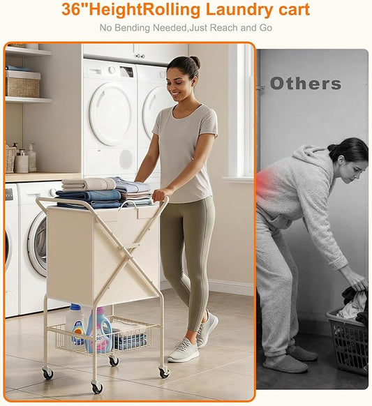 Laundry Basket with Wheels:88L Rolling Laundry Cart Foldable Metal Frame Dirty Clothes Laundry Hamper 36"H 4 Caster 2 Brake Waterproof Removable Liner Carry Handle for Dorm Laundry Room,Cream