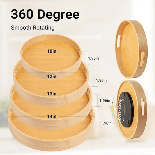 10in Bamboo Lazy Susan Pantry Turntable Organizer and Storage with Tall Side Anti Fall for Countertop and Spice Pill Container Organization Holder for Table Top Round Seasoning Tray for Kitchen