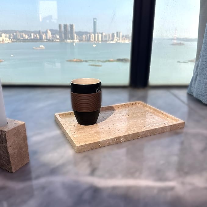 GHYFGD Real Natural Travertine Tray Genuine Marble Stone Tray for Coffee Table/Bathroom/Vanity (Beige Travertine, 12" x 8")