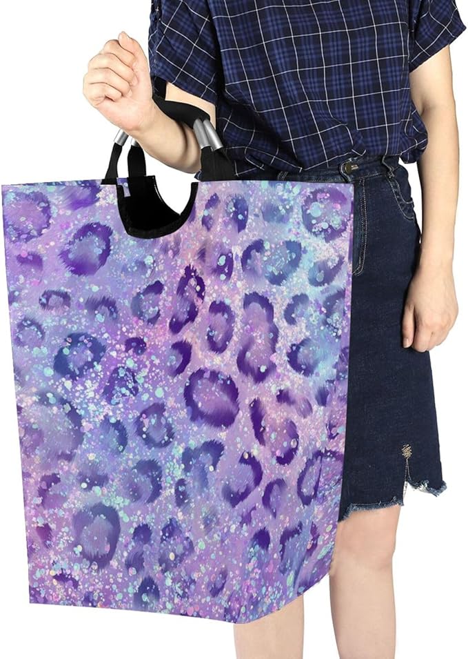 Laundry Hamper Basket Glitter Leopard Purple Storage Basket Collapsible Clothes Hamper with Handle Decorative Blanket Basket for Laundry Room Decor Bedroom Dorm