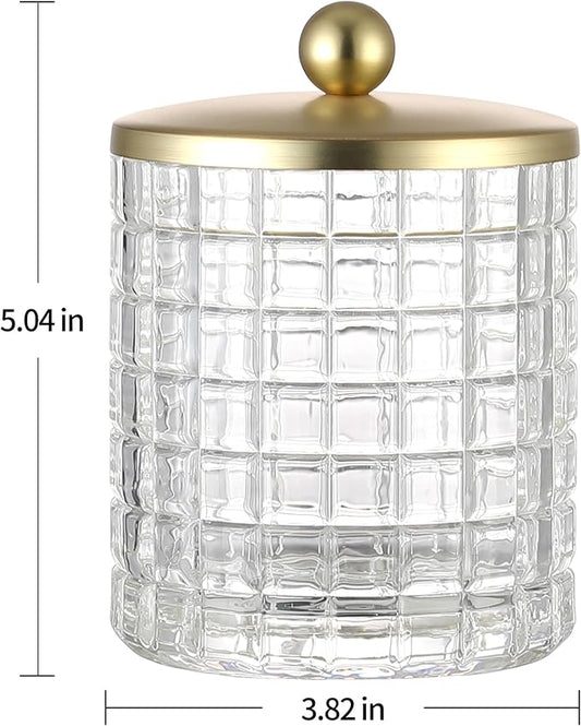 Indecor Home Clear Tranparent Apothecary Etched Geometric Grid Glass Jar W/Gold Metal Lid Cover for Bathroom Organization, Cotton Balls, Q Tips, and Small Accessories, Bathroom Storage
