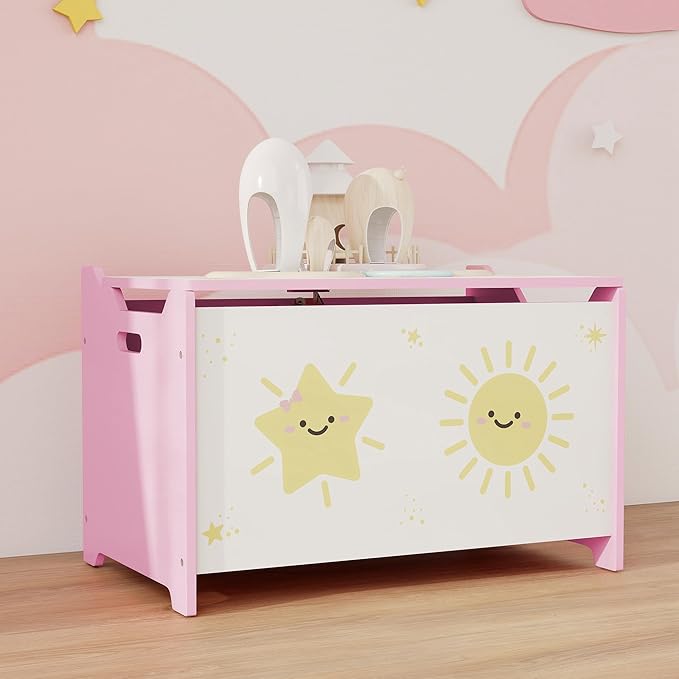 Qaba Toy Box with Lid, Toy Chest with Safety Hinges for Kids Boys Girls, Storage Organizer for Living Room, Playroom, Nursery, Bedroom, 24" L x 15" W x 15" H, Pink