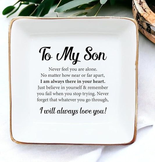 HatafaFurni Gifts for Son from Dad, Mom, Ring Dish for Men - Birthday, Christmas, Wedding Gifts for Son - to My Son, I Will Always Love You - Jewelry Dish, Ceramic Ring Dish, Trinket Tray for Men