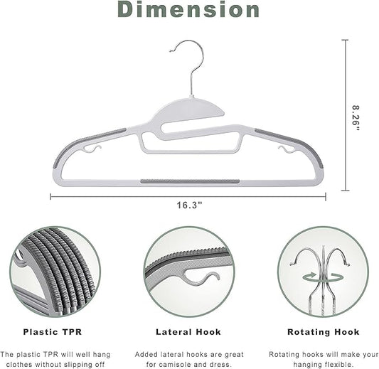 BAGAIL Plastic Hangers 50 Pack with Non-Slip Design,0.2 Inches Thick, 360°Swivel Hook Space Saving Organizer for Bedroom Closet,Shirts,Pants(Grey- S Shaped)