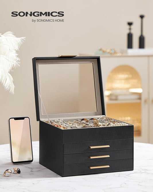 SONGMICS Jewelry Box Organizer with Glass Lid, 4-Layer Jewelry Storage, with 3 Drawers, Modern Style, 8 x 9.1 x 6.5 Inches, Graphite Black and Gold Color UJBC173B01