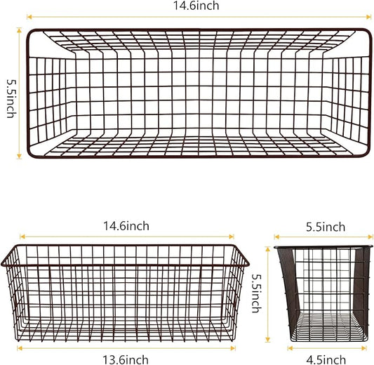 2 Sets Extra Large Hanging Wall Basket, Brown Metal Wire Baskets with Steel Hooks for Organizing, WallmountedFruit Vegetable Toy Snack Storage, Home Kitchen Bathroom Laundry Pantry Organizer
