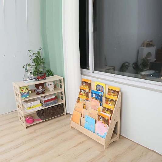 Montessori Toddler Book Shelf Organizer Single Sided Book Rack Display with Toy Storage, Children Baby Classroom Bookshelf, Kids Room bookcases cabinets & Shelves Natural Pine (31”)