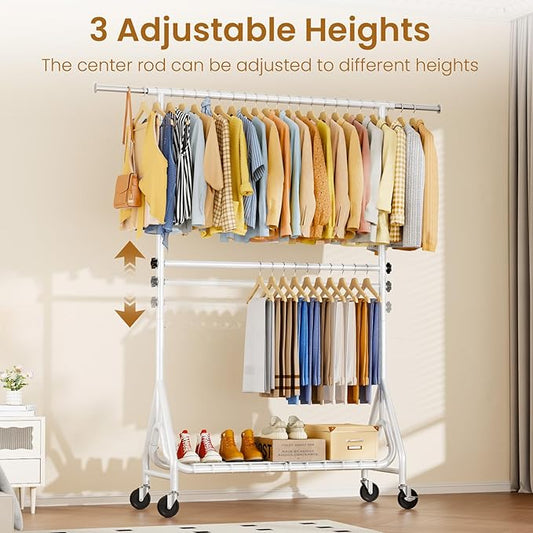 Double Rods Clothing Rack, Heavy Duty Clothes Rack for Hanging Clothes Load 560LBS, Metal Rolling Garment Racks with Wheels, Freestanding Clothes Hanging Racks, White