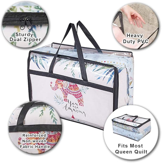 OYOUNGNI Clear Clothes Storage Bag Organizer with Reinforced Handle, Vinyl Storage Bags for Comforter, Blanket, Bedding, Toys, Transparent Moving Totes with Sturdy Dual Zippers, 3 Pack, 55 L, Black