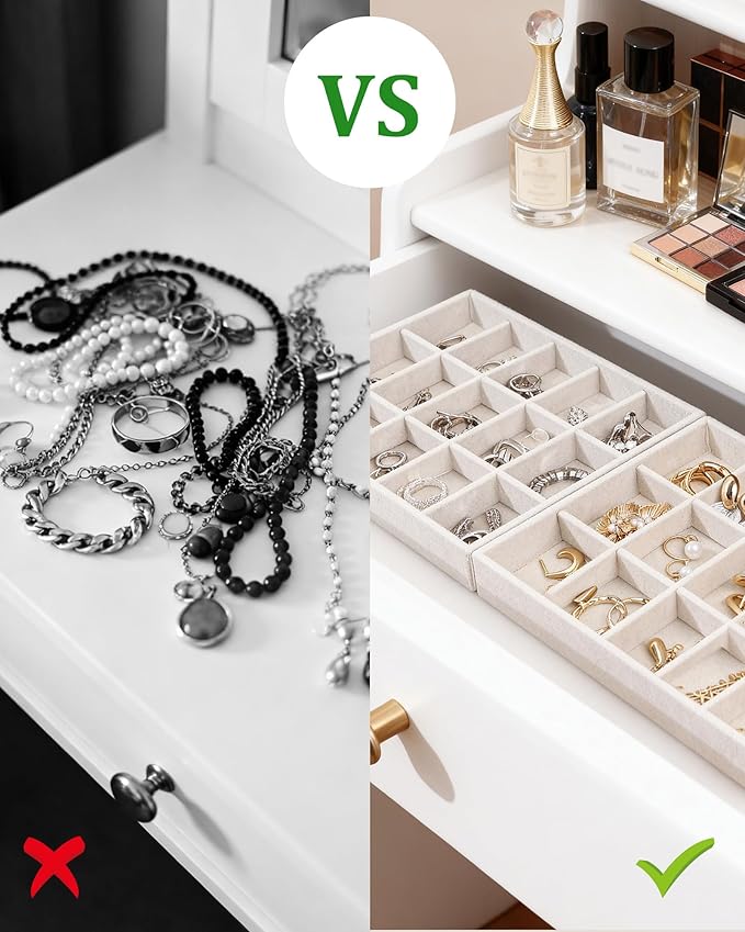 Teppdfann Stackable Jewelry Organizer Trays with Removable Dividers, 2-Tray Beige Jewelry Drawer Organizer Set for Earrings, Necklaces, Rings & Bracelets Gift for Her