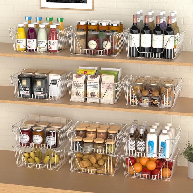 SANNO 14" Stacking Baskets Large Wire Baskets Organizer, Cabinet Storage Metal Baskets Organizer Sturdy Metal Wire Pantry Freezer Bin