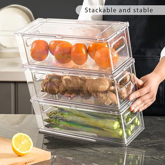 MANO Fridge Drawer Pull Out Stackable Bins with Handle Clear Refrigerator Drawers Organizer Food Storage Container Box Plastic Produce Saver for Pantry, Cabinet, Kitchen, Clothes(4Pack)