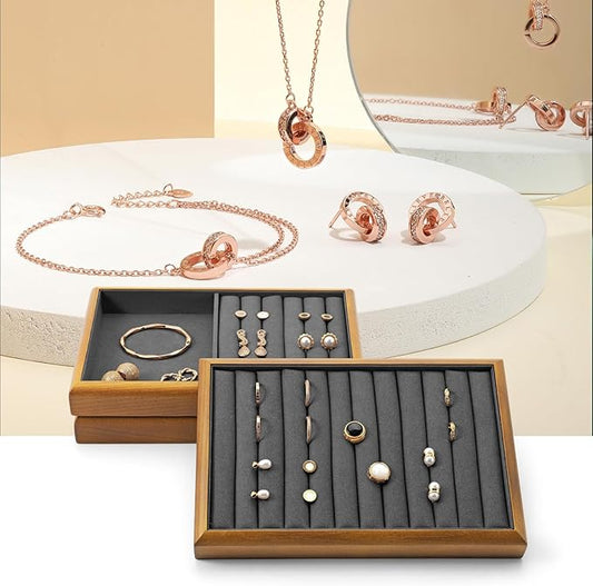 Oirlv Solid Wood Stackable Jewelry Organizer Tray Jewelry Drawer Organizer(Grey)