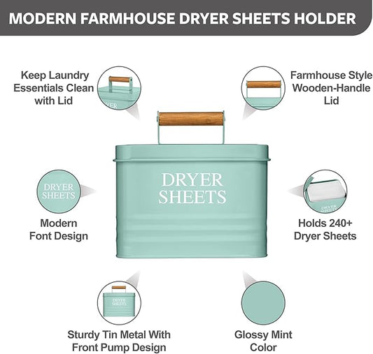 Calindiana Modern Farmhouse Metal Laundry Dryer Sheets Holder Fabric Softener Dispenser with Lid for Laundry Room Decor and Accessories and Space Saving Laundry Room Organization and Storage, Mint