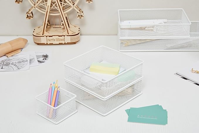 Annova Mesh Stackable Drawer Cabinet and Shelf Organizer Bins Storage Basket School Office Supply Holder Tray- Set of 2 (White, 6x6x2 Inch)