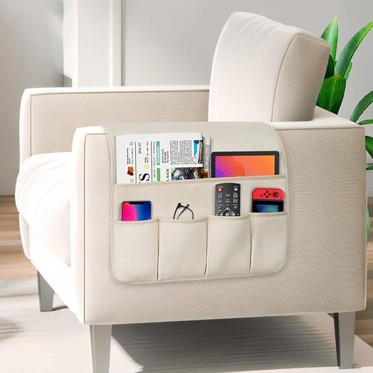 WETRBWEH Remote Control Holder for Armchair,Couch Caddy Organizer TV Remote Holder for Bed Storage 5 Pockets,Remote Caddy Bedside Organizer Bedside Table Organizer (Beige, 35''x18'')