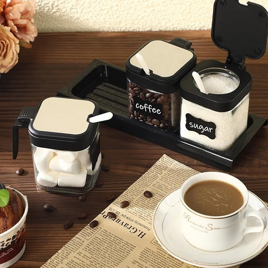 Suclain 3 Pcs Glass Coffee Containers Coffee Station Organizer Set, Airtight Bean Storage Jars with Shelf,labels,spoon, Base and Pen,for Sugar, Candy, Oats, Nuts (Black)