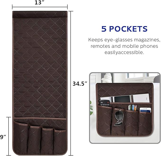 AUVCAS Sofa Armrest Organizer Non-Slip Arm Chair Bedside Caddy Storage Organizer for Recliner Couch with 5 Pockets for Cell Phone TV Remote Control Magazines (DARK BROWN)