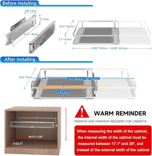 Pull Out Shelves for Kitchen Cabinet, 17.1~28" W x 22.5" D Expandable Slide Out Drawers for Kitchen Organizers and Storage, Pull Out Cabinet Organizer, Stainless Steel, 2Pack