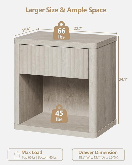SICOTAS Night Stand Nightstand with Drawer Storage Fluted Bed Side Table End Table Large Modern Wide Bedside Stand Mid Century Night Stands for Bedroom Living Room Sofa Couch Home Office, White Alder