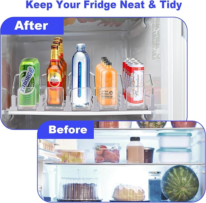 Faburo Drink Organizer for Fridge (Adjustable Width), 16.5” D Soda Can Fridge Drink Organizer, Refrigerator Beverage Organizers and Storage, Drink Dispenser Pop Can Holders for Fridge (5 Rows)
