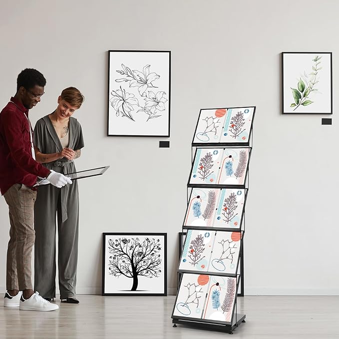 Brochure Display Stand 5-Tier Foldable Magazine Rack Portable Double A4 Size Literature Brochure Holder Magazine Rack Metal 10 Pockets with Carrying Bag for Trade Show Exhibition Office
