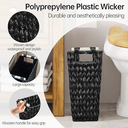 Endymion Black Wicker Trash Can,5 Gallon Bathroom Trash Can with Wooden Handles,Woven Narrow Waste Basket for Bedroom,Office,Living Room