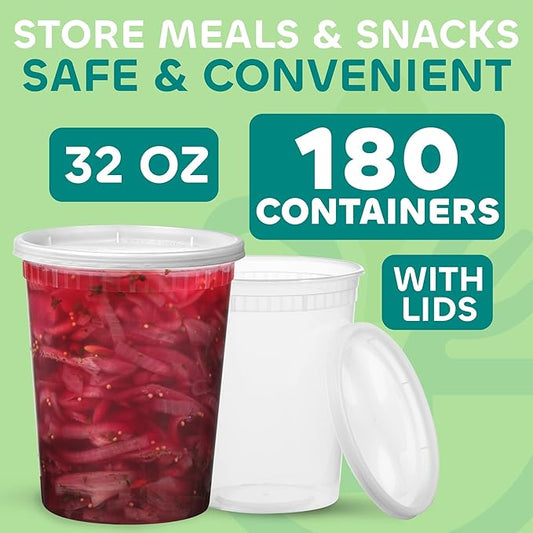 JoyServe 32 Oz Deli Food Containers with Lids - (180 Sets) Quart Airtight Plastic Food Storage for Takeout, Meal Prep, To-Go, Soup Freezer Containers w/ 180 Lids, BPA-Free, Dishwasher, Microwave Safe