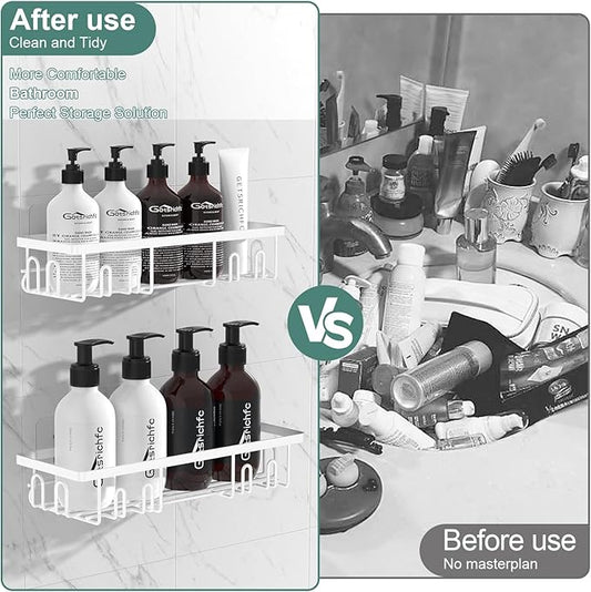 Getsrichfc 2025 New Adhesive Shower Caddy, Shower Shelves with 16 Hooks, White 2 Pack