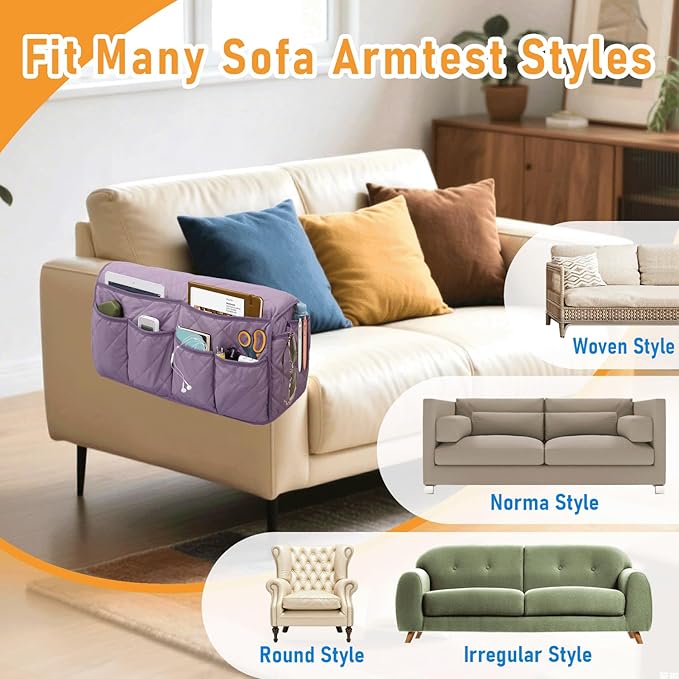 Gloserin Armchair Caddy, Sofa Armrest Organizer, Non Slip Recliner Organizer, Remote Control Holder for Recliners, Recliner Arm Caddy with 14 Pockets Storage for TV Remote, Phone, Magazine (Purple)