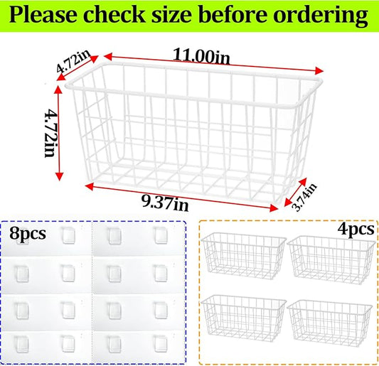 Hanging Kitchen Baskets Adhesive Sturdy Wire Storage Baskets with Kitchen Food Pantry Bathroom Shelf Storage No Drilling Wall Mounted,White,4 Pack