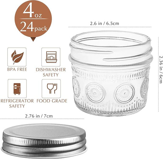 Amzcku 4 oz Glass Mason Jars with Regular Mouth Lids - 24-Pack Glass Canning Jars for Storage, Overnight Oats, Jam, Jelly, Honey, Beans, Spices, Wedding Favors, Shower Favors