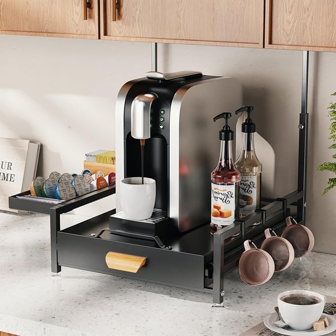GSlife Sliding Coffee Pod Drawer for Under Cabinet - Large Metal Coffee Maker Rack with Pod Storage Drawer, 42 Pod Capacity, Black