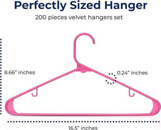 SereneLife 200 Pink Plastic Hangers Non-Slip Heavy Duty Coat and Clothes Hanger Set Slim Durable Space-Saving Closet Organizer Wardrobe Storage Home Bedroom 5.5 lb Capacity