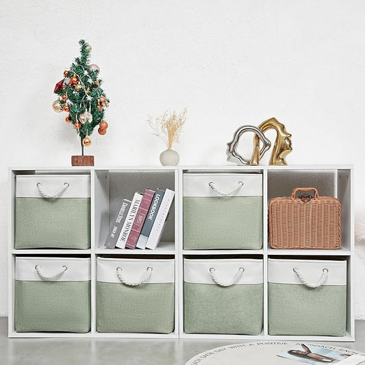 13 x 13 Inch Extra Large Storage Cubes,6 Pack Cube Storage Bins for Shelves,Fabric Collapsible Storage Bins with Handles, Foldable Storage Basket for Organizing Clothes, Toys (White&Green)