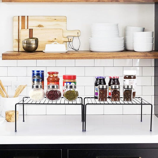 Medium (13.1 x 10.2 Inch) Cabinet Storage Shelf Rack , Kitchen Shelves,Kitchen Counter and Cabinet Shelf, Storage Rack Organizer for Kitchen, Fridge, Cabinet, Bathroom Cupboard& Pantry (4, Black)