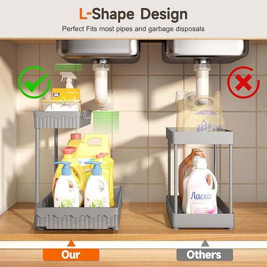 3 Pack Multi-Purpose Under Sink Organizers and Storage, 2026 L-Shaped Pull Out Cabinet Organizer for Bathroom & Kitchen, Under Cabinet Organizer with Hooks Hanging Cup, Grey, 14.85 inch