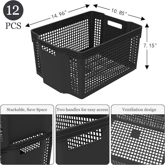 Set of 12 Plastic Large Basket for Pantry Organizing, Plastic Stackable Storage Basket Organizer for Shelf, Black