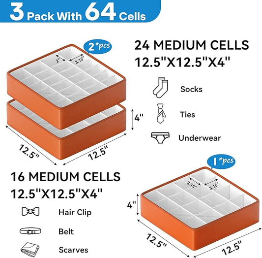Fashion Leather Sock Underwear Drawer Organizer clothes, Closet Dividers,64 Cell (16+24+24) Foldable Leather Storage Box for Panties, Ties, Accessories(3 Pack)