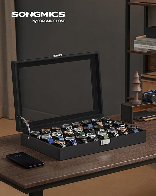 SONGMICS 24-Slot Watch Box, Lockable Watch Storage Case with Glass Lid, Gift Idea, Ink Black Synthetic Leather, Ink Black Lining UJWB024B02