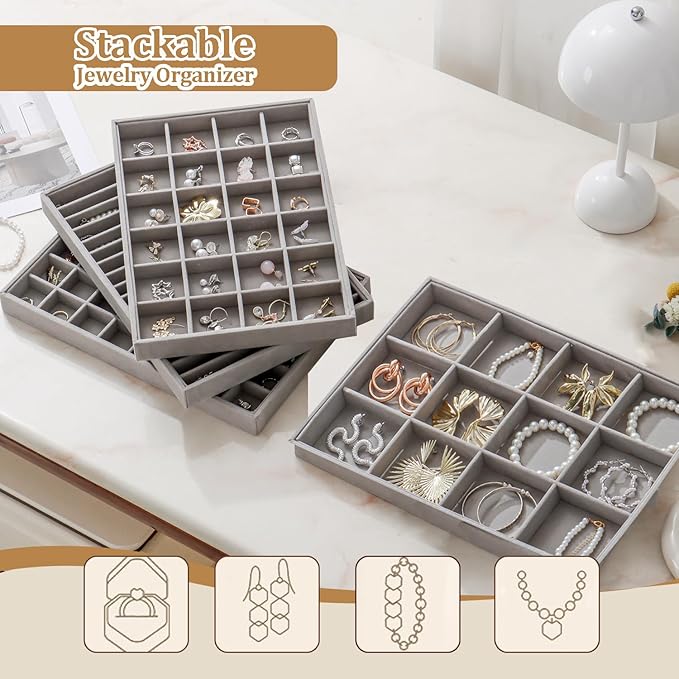 KATISYIO Large Jewelry Drawer Organizer Trays Set of 4, Stackable Velvet Jewelry Trays Organizer Holder Display Storage Showcase for Earring Necklace Bracelet Ring Accessary (Gray, 12+17+24+48 Grids)