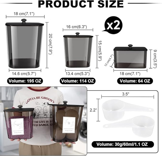 4 Pack Laundry Detergent Containers & Dryer Sheet Holder with Black Lids, Scoops & Labels - Plastic Laundry Organizer and Storage Jars for Pods, Detergent, Scent Booster