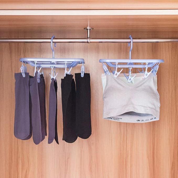 Small Clip & Drip Hanger 2-Pack, 12 Clips & 360 Rotatable Hook, Drying Hanger for Towels, Bras, Baby Clothes, Gloves, Blue